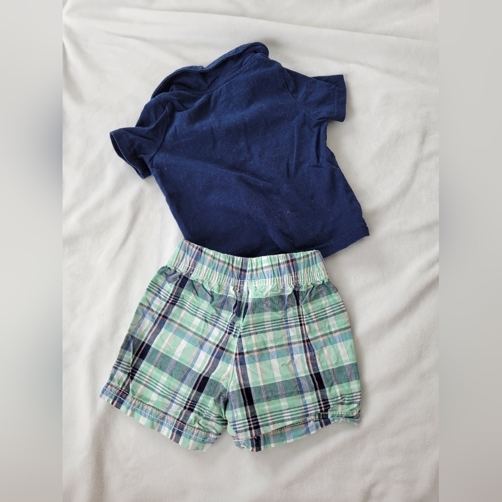 Just One You 2pc Navy blue elephant short sleeve w/ green & blue plaid shorts 9m - Picture 6 of 6